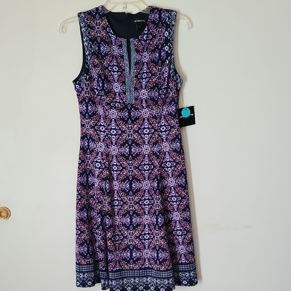 Liz Claiborne Navy and Lavender Patterned Midi Dress